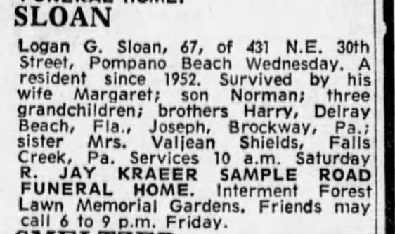 Obituary - Sloan, Logan G [Fort Lauderdale News]